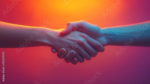 Hands meet in a firm handshake, illuminated by striking colors, representing partnership and mutual understanding.