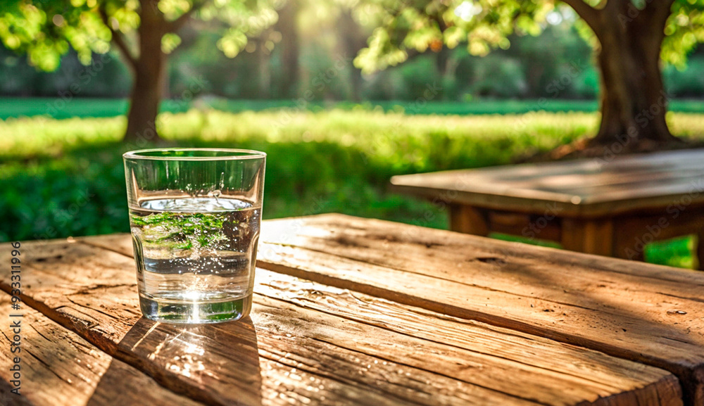 A glass of water sits on a wooden table, bathed in warm sunlight, with a lush green garden in the background, symbolizing freshness and natural hydration. A glass of water sits on a wooden table, bathed in warm sunlight, with a lush green garden in the background, symbolizing freshness and natural hydration.