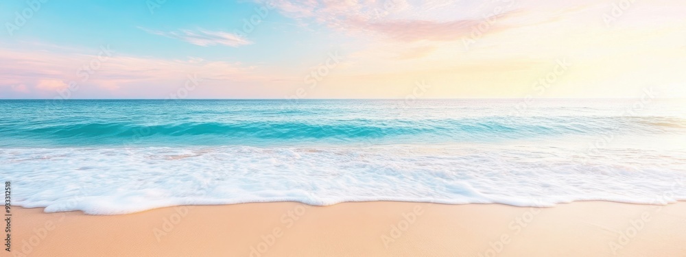 A tranquil beach scene with smooth sand, gentle waves, and pastel colors in the sky