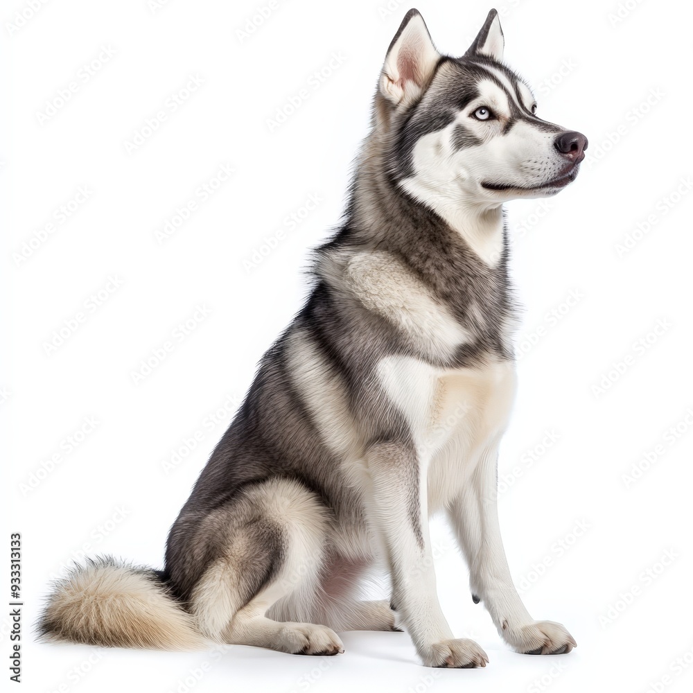 Fototapeta premium A dog with a blue eye sits on a white background