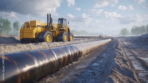 Wallpaper Mural A large yellow excavator is digging a trench for a pipeline. The sun is shining brightly, casting a warm glow on the scene. Concept of hard work and progress Torontodigital.ca