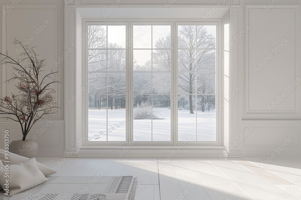 Fototapeta premium A clean and minimalist space with a large window and a white rug