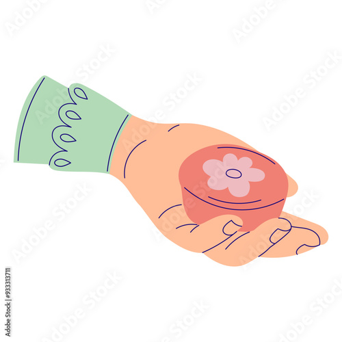 Washing hands. Cosmetic, antibacterial soap in hands. Illustration in flat style