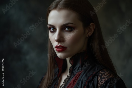 Female gothic Vampire: Gothic dark haired female vamp, with cape and dark Victorian inspired attire. Horror. Halloween. Classic. Vampire.	 photo