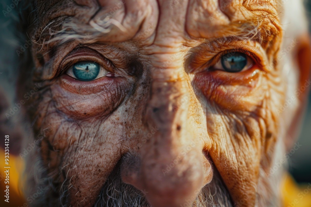 A close-up of an elderly man's face, focusing on his bright blue eyes and gentle expression