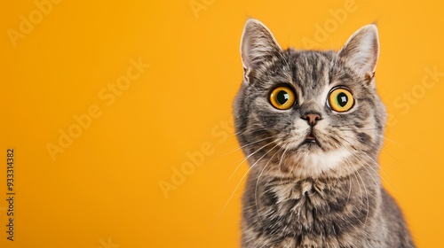 A Grey Tabby Cat with Big Yellow Eyes Looks at the Camera