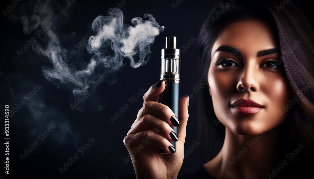 Fototapeta premium Extreme close-up of a young woman looking at the camera holding an electronic cigarette in her hand, on dark background with smoke and copy space. Vape concept. Generative Ai.