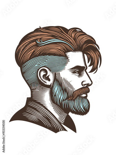 Vector drawing of a man head with a beard, mustache and a trendy haircut in style of woodcut engraving