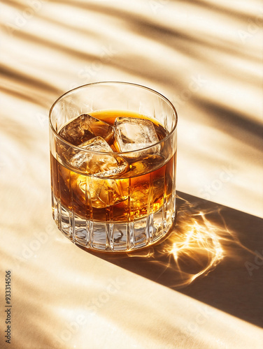 A glass of whiskey with ice cubes casting a warm, dappled shadow on a sunlit surface.