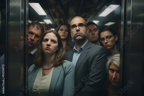 Random people tired, cramped, uncomfortable stand in a dense crowd in the elevator of an office building going up to different floors on weekdays