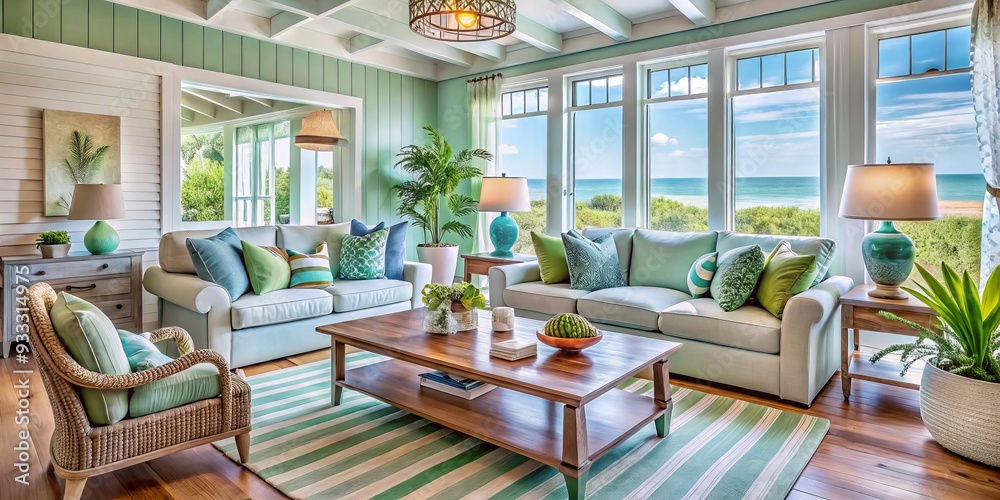 Washed in light blues and greens, a soothing coastal aesthetic unfolds, perfect for a serene and relaxed beach cottage retreat. Washed in light blues and greens, a soothing coastal aesthetic unfolds, perfect for a serene and relaxed beach cottage retreat.