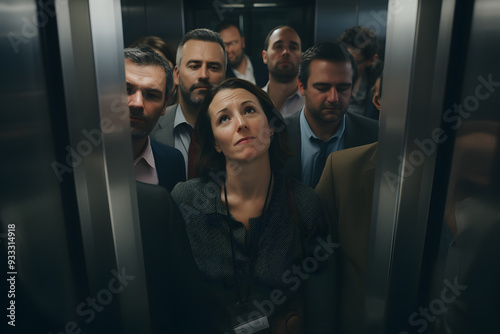 Random people tired, cramped, uncomfortable stand in a dense crowd in the elevator of an office building going up to different floors on weekdays