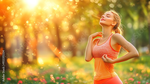 Young female in athletic wear savoring the summer sun in a park, eyes closed and face towards the sky. A vivid 4K close-up image capturing the peacefulness of outdoor exercise, whether yoga or running