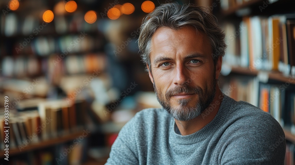 Portrait of a Man with Graying Hair and a Beard in a Library Portrait of a Man with Graying Hair and a Beard in a Library
