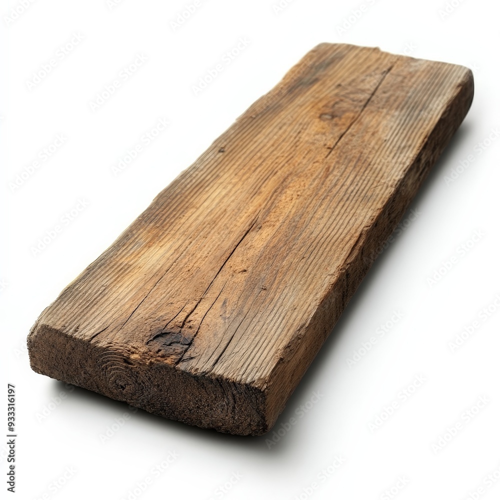 A long wooden plank is shown on a white background A long wooden plank is shown on a white background