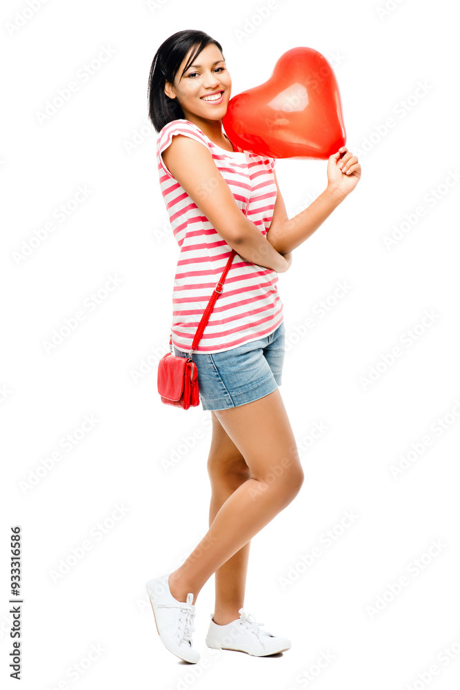 Portrait, happy and girl with balloon, heart and smile for gift, Valentines day and teenager in mockup. White background, space and person with present for romance, love and fashion in studio Portrait, happy and girl with balloon, heart and smile for gift, Valentines day and teenager in mockup. White background, space and person with present for romance, love and fashion in studio