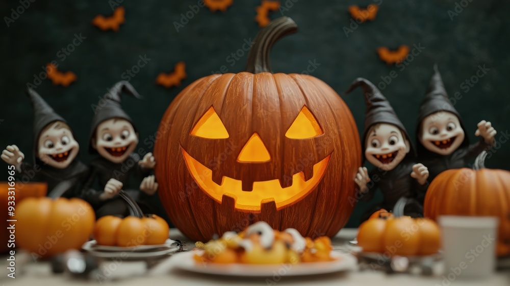 Spooky Pumpkin and Friendly Goblins Enjoying Halloween Feast with Copy Space, Festive Cartoon in Quality