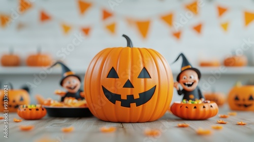 Spooky Halloween Feast with 3D Pumpkin and Friendly Goblins - Festive Cartoon Celebration with Copy Space for Text in Ultra HD