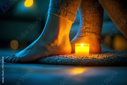 Feet near a candle with warm ambient lighting, symbolizing relaxation and self-care. photo