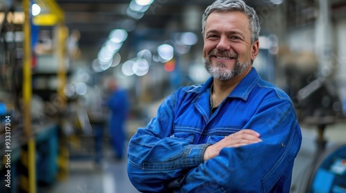 Middle-aged worker, blue workwear, smiling, arms crossed, production line background, photorealism, high detail.