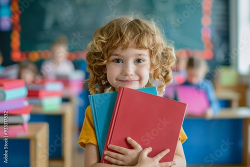 Happy child enjoying her classroom time vibrant library books. Young girl shows her joy she leans stack of colorful books. Innocence and joy of childhood.