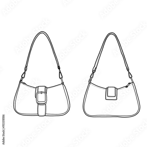 Women's bag. Shoulder bag with buckle in the front side, sketch fashion illustration drawing template mock-up. Front and back view.