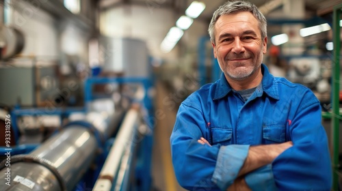 Middle-aged worker in blue workwear, arms crossed, smiling, production line background, photorealism, high detail.