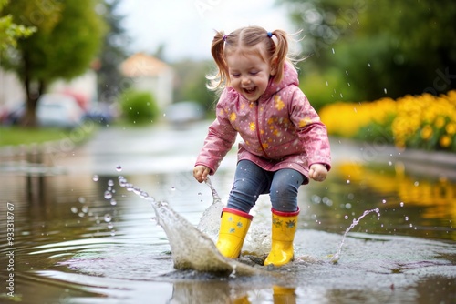 Girl in Rain Boots Jumping in Puddles - A joyful girl in rain boots splashing in puddles, enjoying a rainy day. 