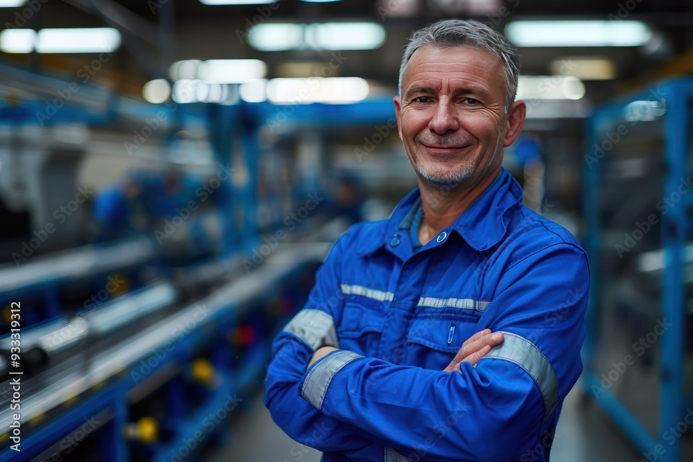 Middle-aged worker in blue workwear, arms crossed, smiling at camera, production line background, photorealism style. Middle-aged worker in blue workwear, arms crossed, smiling at camera, production line background, photorealism style.