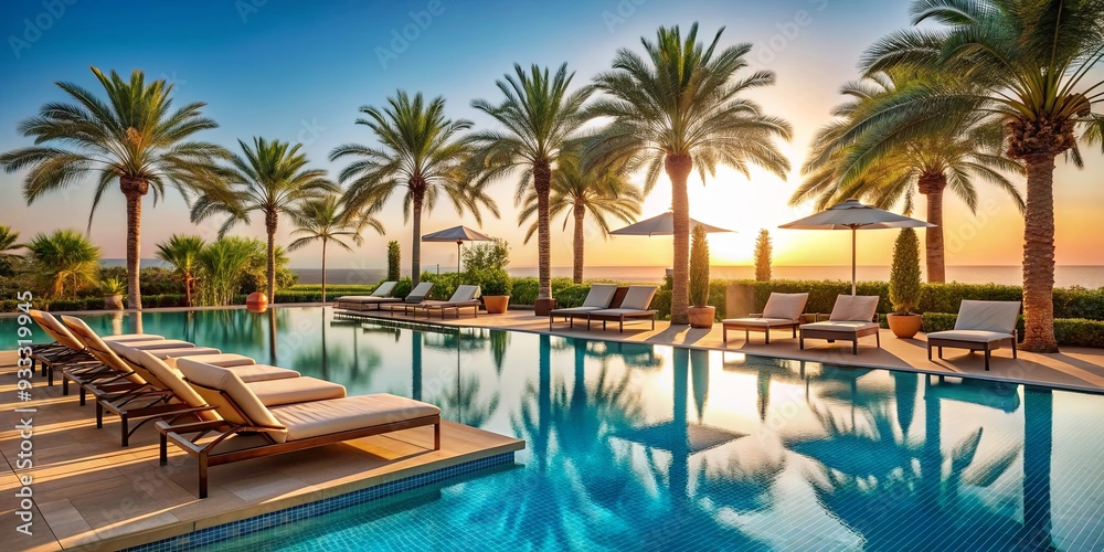 Luxury hotel poolside with palm trees and sun loungers , vacation, resort, relaxation, paradise, tropical, leisure Luxury hotel poolside with palm trees and sun loungers , vacation, resort, relaxation, paradise, tropical, leisure