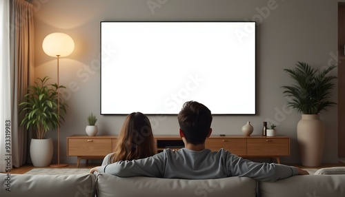 Two man watching TV concept, Young couple is watching TV with a blank white screen in a minimalist living room, Family watching TV, Two man watching TV concept, Watching TV in living room