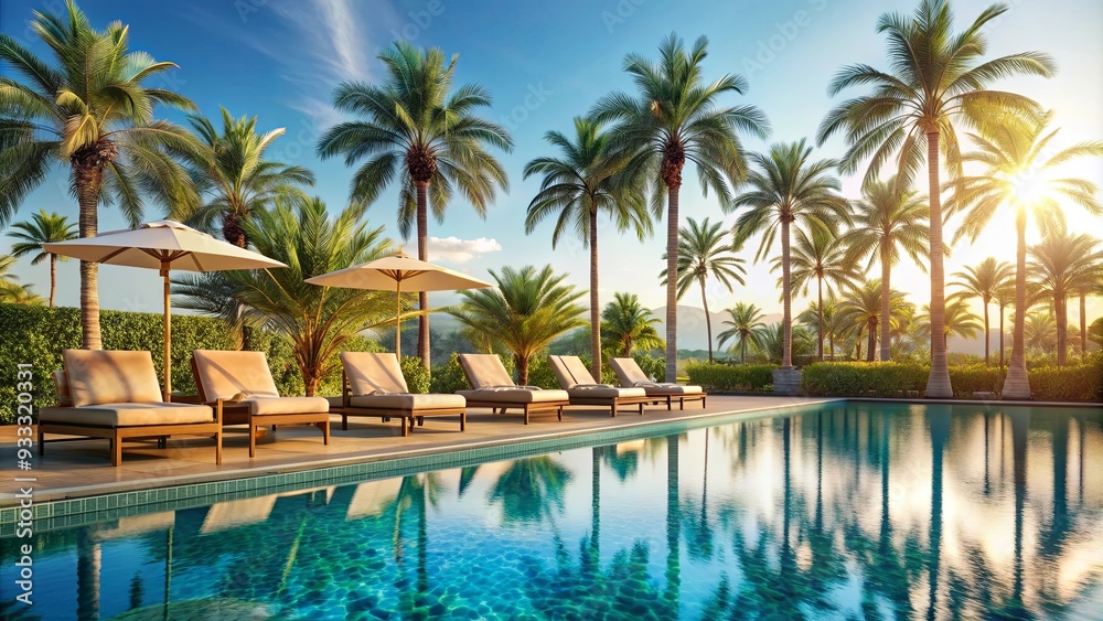 Fototapeta premium Luxurious hotel poolside with lush palm trees and comfortable sun loungers, luxury, hotel, pool, poolside, palm trees