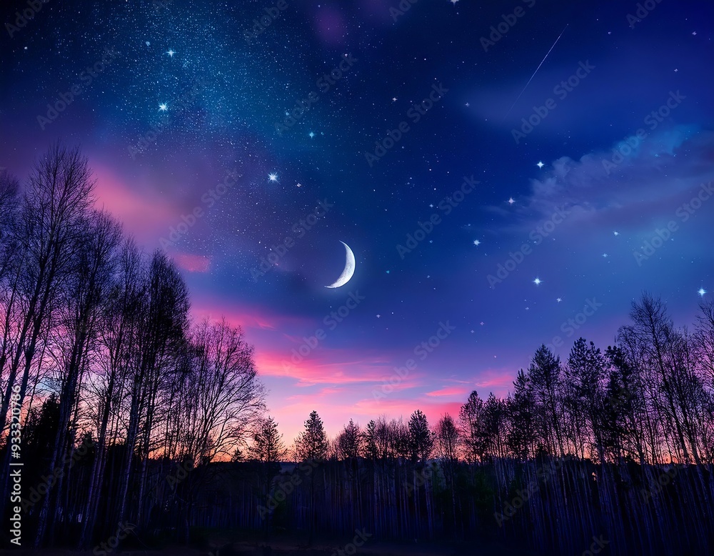 The sky is a dusky blend of pink, purple, and blue, with stars and a crescent moon softly glowing.