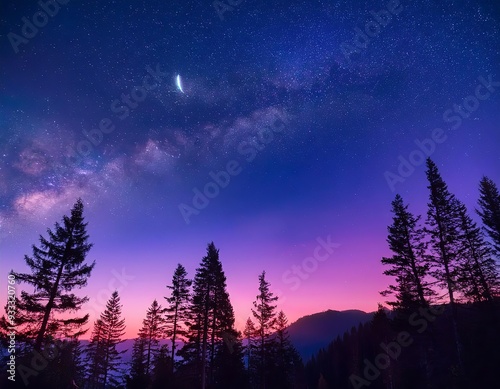 The sky is a dusky blend of pink, purple, and blue, with stars and a crescent moon softly glowing.