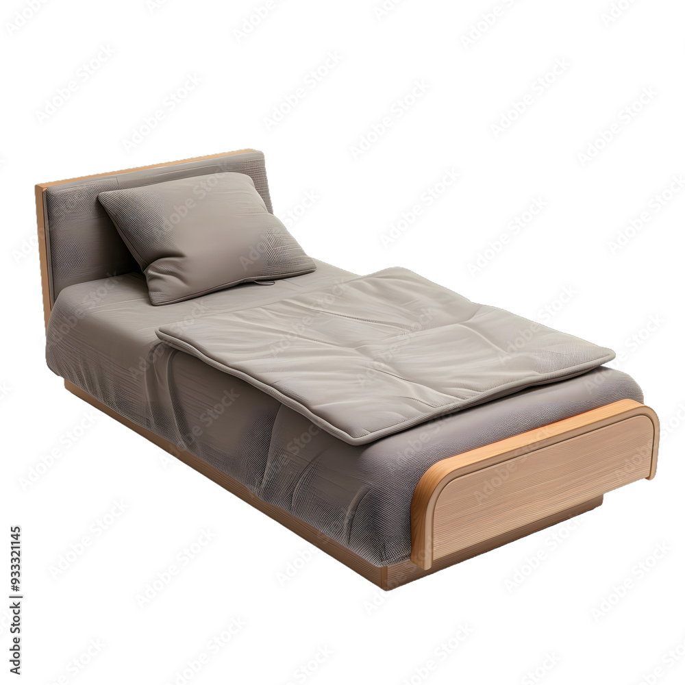 [Transparent Background PNG]Modern Wooden Bed with Grey Fabric Upholstery and Pillows