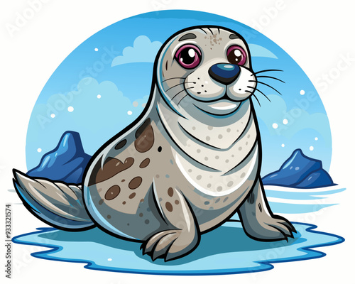 cartoon vector illustration of seal full body, ice filed isolated background, sea lion