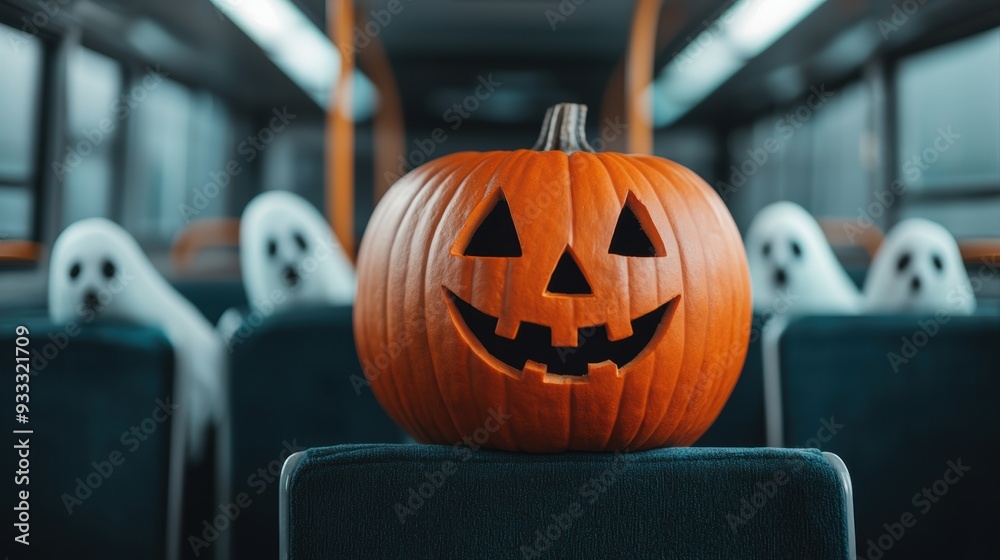 Spooky Pumpkin Driving Haunted Bus with Ghostly Passengers, Halloween Concept with Copy Space, Ultra HD Image Spooky Pumpkin Driving Haunted Bus with Ghostly Passengers, Halloween Concept with Copy Space, Ultra HD Image