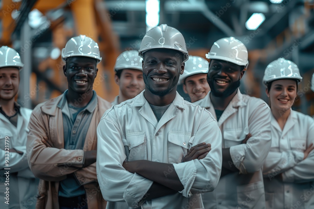 Multiethnic team in white helmets, smiling in industrial factory, arms crossed, symbolizing unity. Multiethnic team in white helmets, smiling in industrial factory, arms crossed, symbolizing unity.