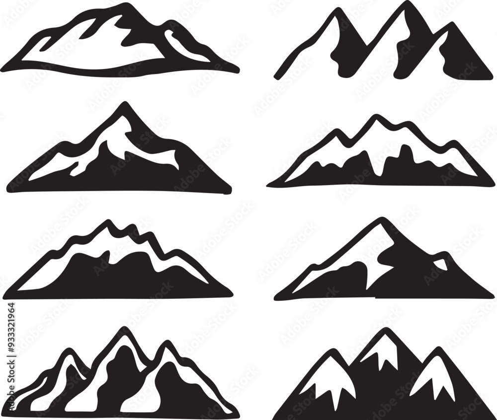 a ser of mountain differents shape black and white background silhouette a ser of mountain differents shape black and white background silhouette