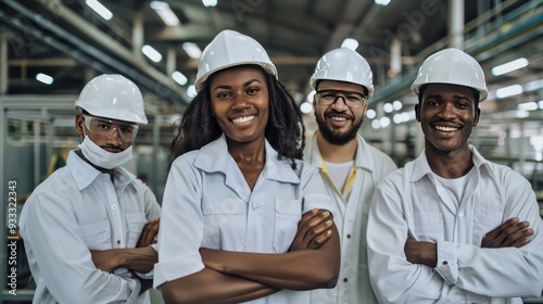 Multiethnic team in white safety helmets, smiling in factory, arms crossed, showing unity.