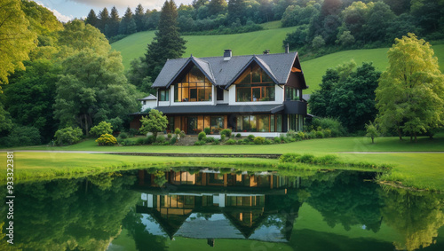 A modern house with a large lawn, a lake with a reflection, and a forest in the background.

