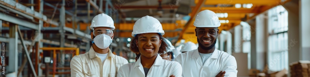 Multiethnic workers in white helmets, standing in factory, smiling, arms crossed, unity in team. Multiethnic workers in white helmets, standing in factory, smiling, arms crossed, unity in team.