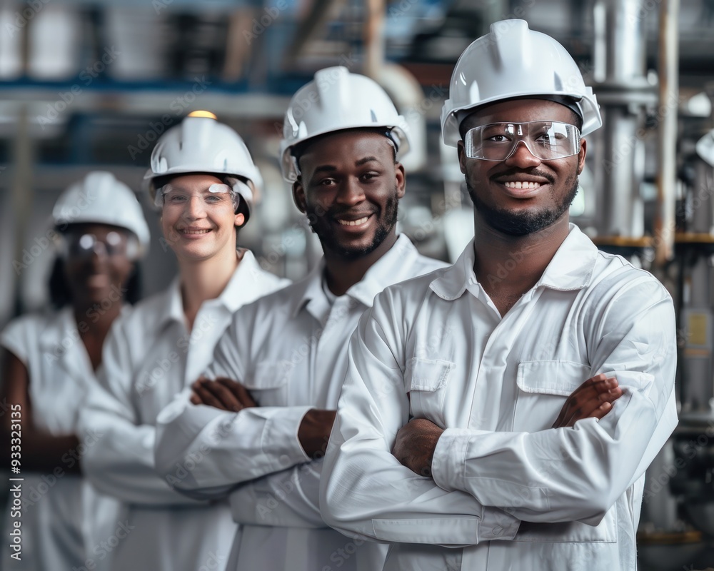 Multiethnic workers in white safety helmets, standing in factory, smiling, arms crossed, unity concept. Multiethnic workers in white safety helmets, standing in factory, smiling, arms crossed, unity concept.