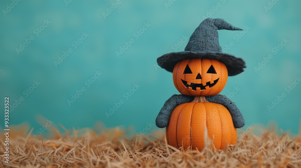 Fototapeta premium Whimsical Pumpkin Scarecrow in Colorful Halloween Night Field