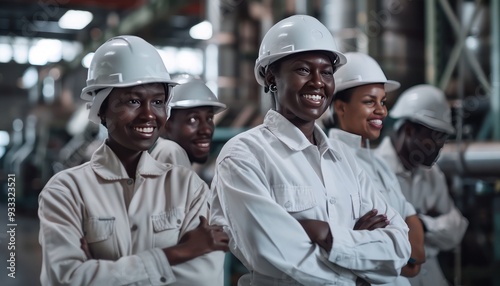 Multiethnic workers in white helmets, standing in factory, smiling, arms crossed, showing unity.