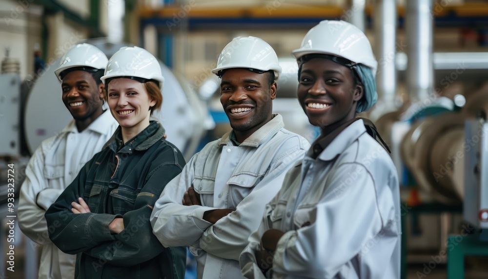 Multiethnic workers in white helmets, standing in factory, smiling, arms crossed, showing unity. Multiethnic workers in white helmets, standing in factory, smiling, arms crossed, showing unity.