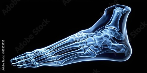 A detailed X-ray image of a human foot showcasing the complex structure of bones, joints, and tendons in high contrast and precise anatomical detail. photo