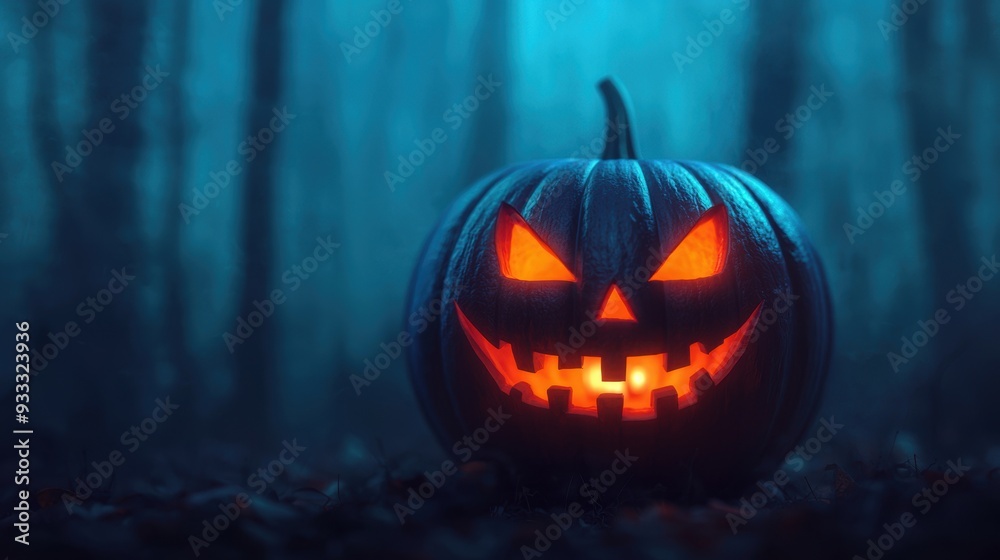 Fototapeta premium Enchanting Pumpkin Wizard Casting Magical Spells in Spooky Forest on Halloween Night with Copy Space | Selective Focus in