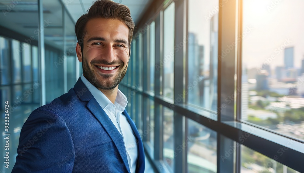 Blue-suited businessman smiling at the camera, with a modern office and cityscape view through panoramic windows, close-up portrait, copy space on the right. Blue-suited businessman smiling at the camera, with a modern office and cityscape view through panoramic windows, close-up portrait, copy space on the right.