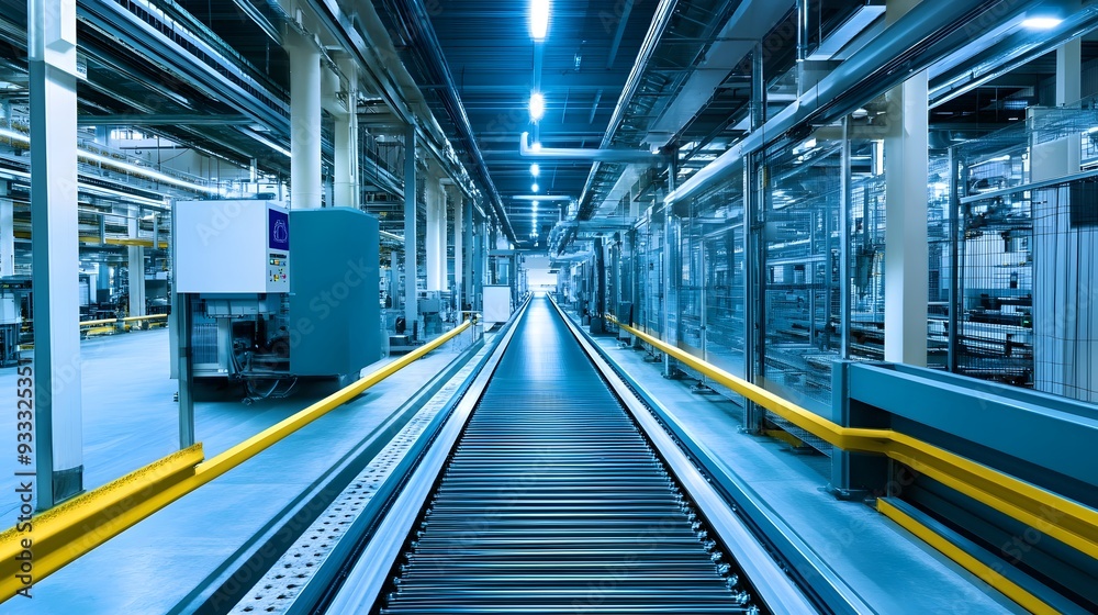 A large industrial building with many machines and conveyor belts. Scene is industrial and mechanical A large industrial building with many machines and conveyor belts. Scene is industrial and mechanical